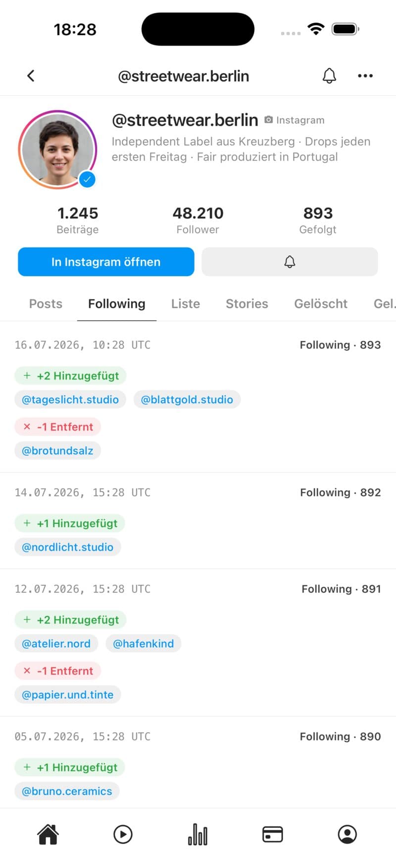 SocialChecker App: Following-Änderungen eines Instagram-Profils im Verlauf
